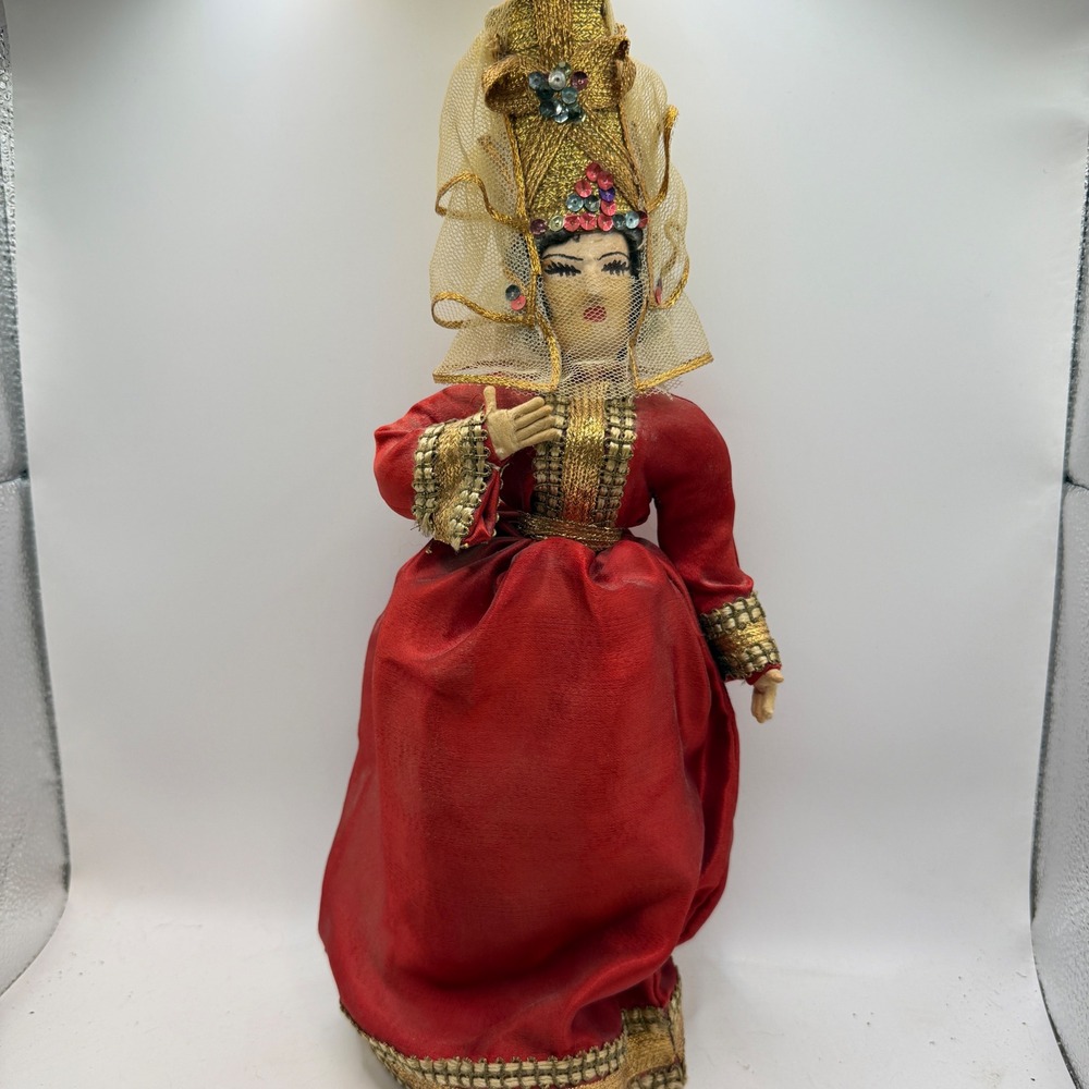 Vintage Ethnic Souvenir Doll Red Satin Gold Trim Traditional Headdress 11 Inch